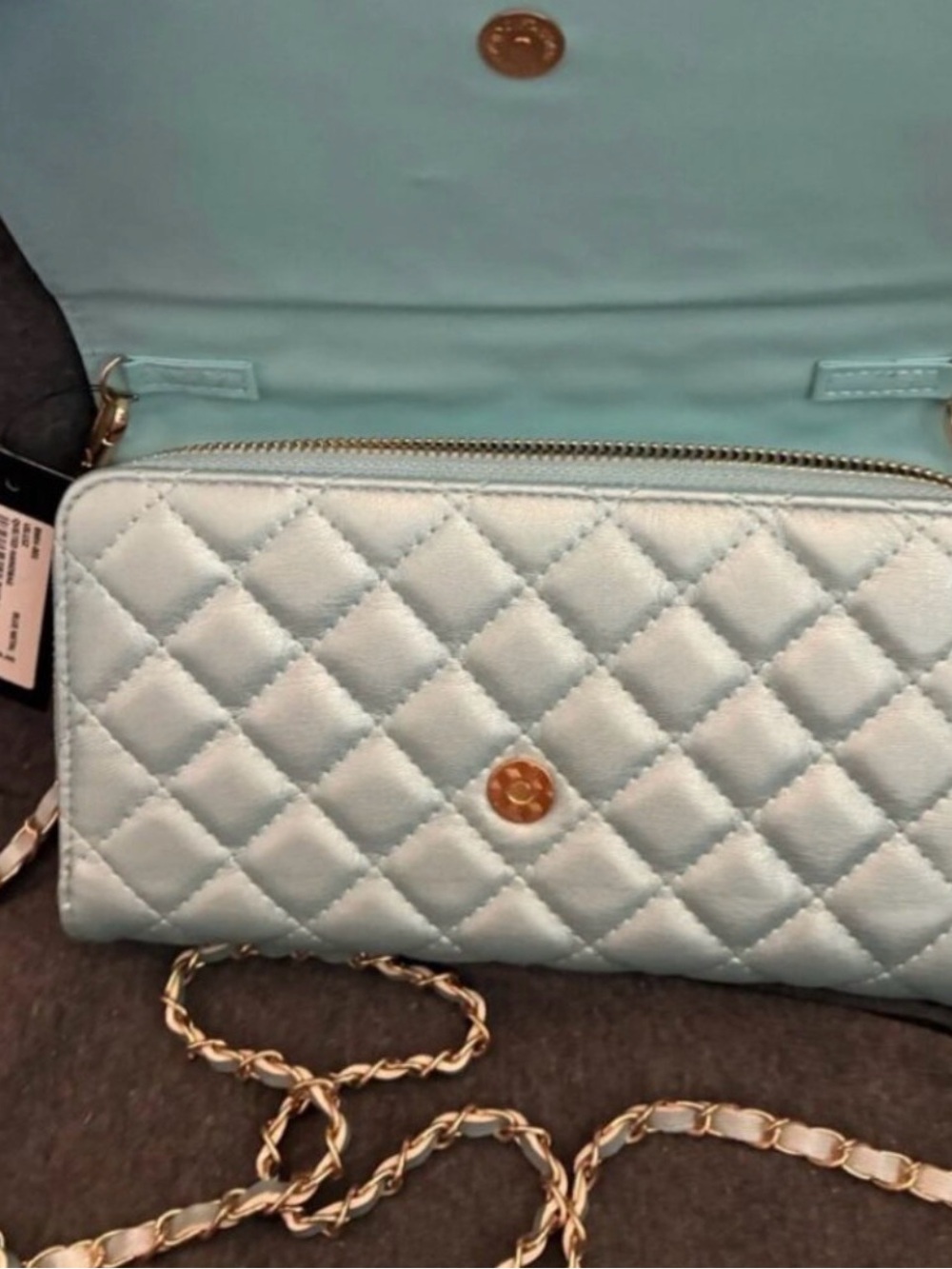 NWT Badgley Mischka Quilted Metal Blue Crossbody Bag with Chain Strap - Picture 4 of 6